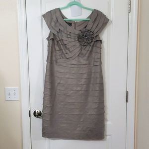 Taupe Layered Shift Dress with Floral Accent